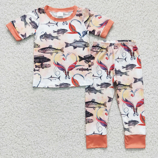 promotion RTS BSPO0041 Valentine Love Fish Orange Boys Short Sleeve Pants Outfits Pajamas