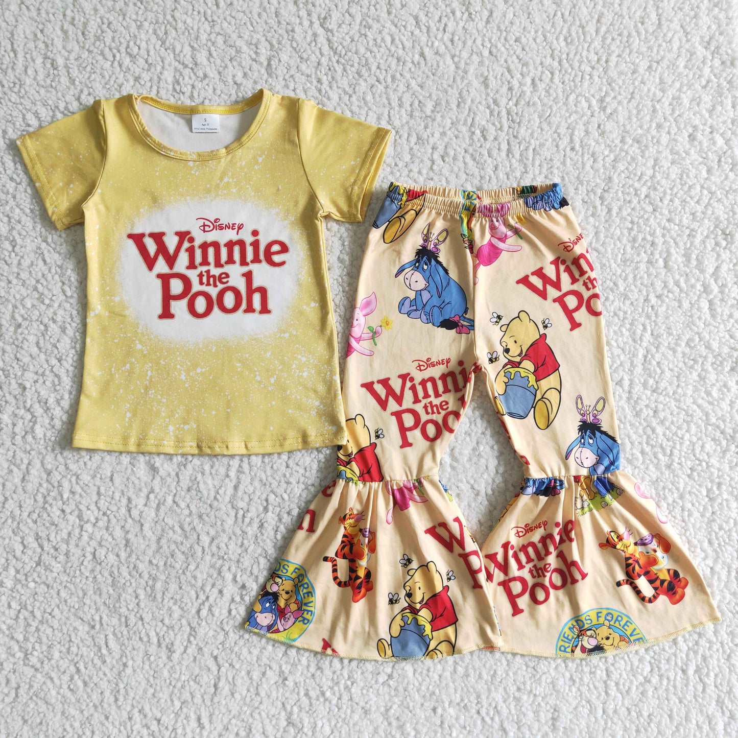 GSPO0014 Yellow Beer Cartoon Girls Short Sleeve Bell Bottom Pants Outfits