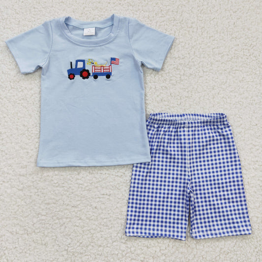 BSSO0195 4th Of July Dog Blue Farm Car Truck Embroidery Boys Short Sleeve Shorts Outfits