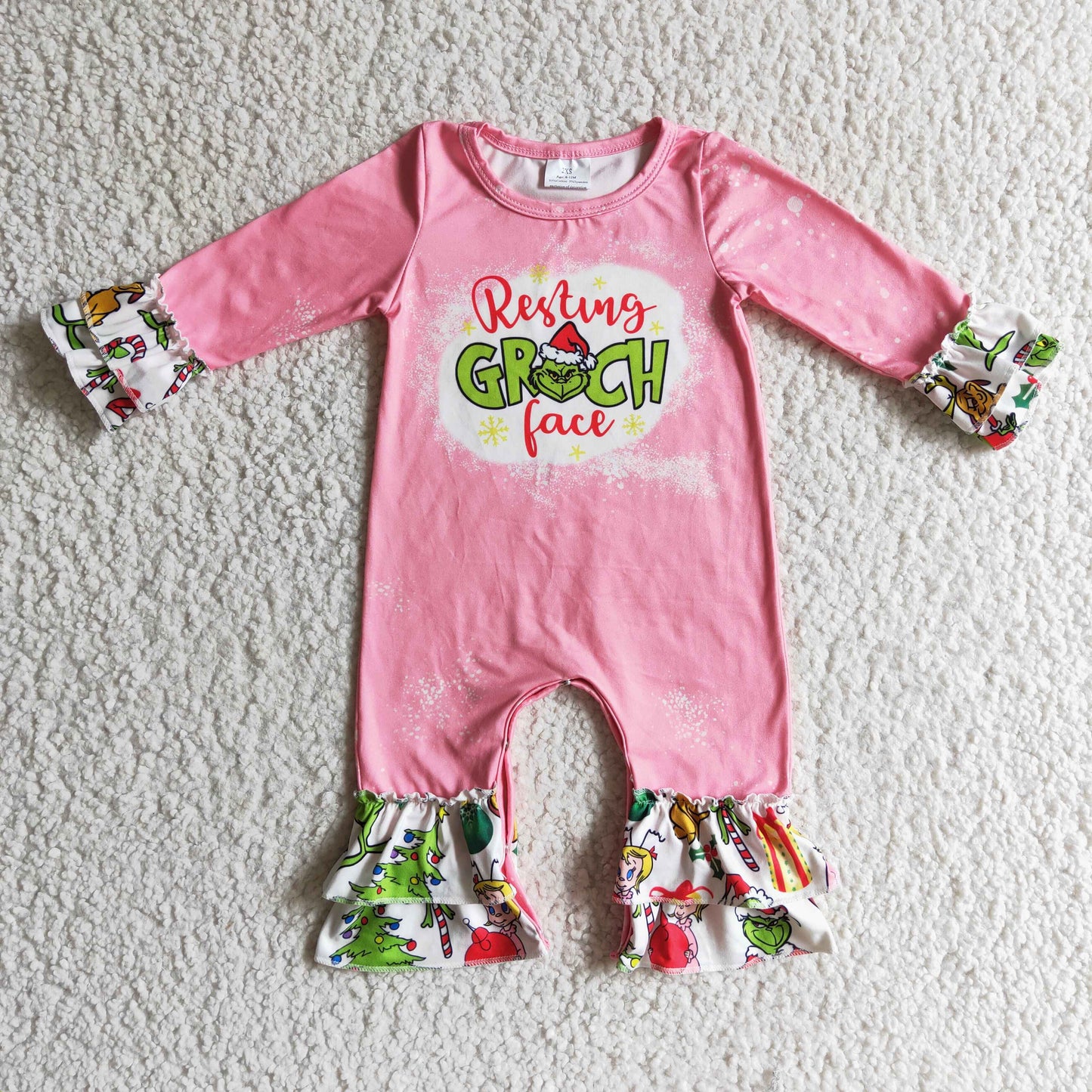 LR0154 Christmas Santa Pink Green Cartoon Girls Long Sleeve Romper
