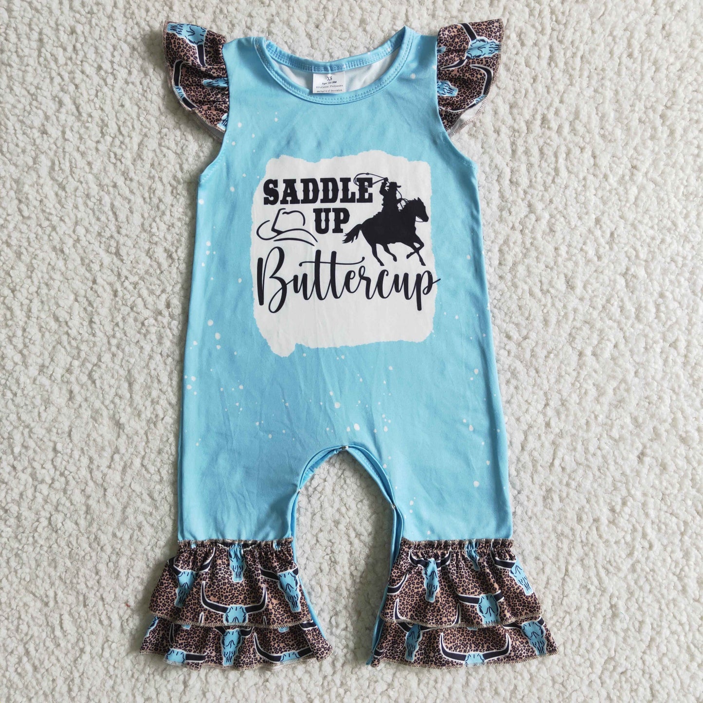 promotion RTS C5-20 Blue Leopard Saddle Up Buttercup Cowboy Rodeo Highland Cows Girls Flutter Sleeve Romper