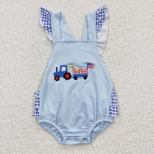 SR0274 4th Of July Dog Blue Farm Car Truck Embroidery Girls Flutter Sleeve Romper