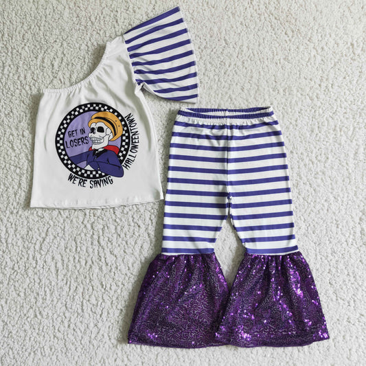 GSPO0178 Halloween Clown Purple Stripes Sequin Single Sleeve Girls Short Sleeve Bell Bottom Pants Outfits