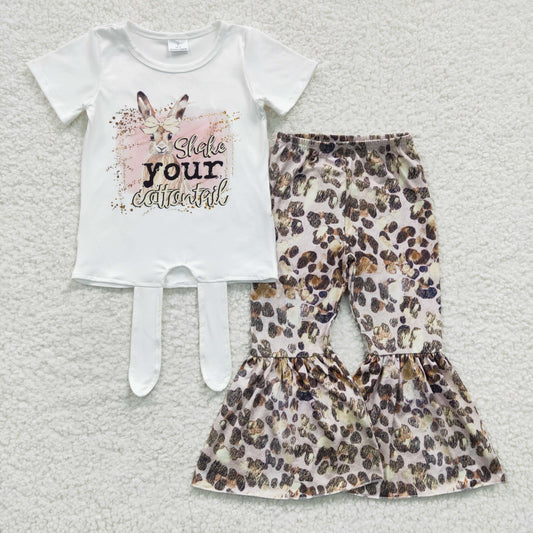 GSPO0354 Rabbit Pink Leopard Girls Short Sleeve Bell Bottom Pants Outfits