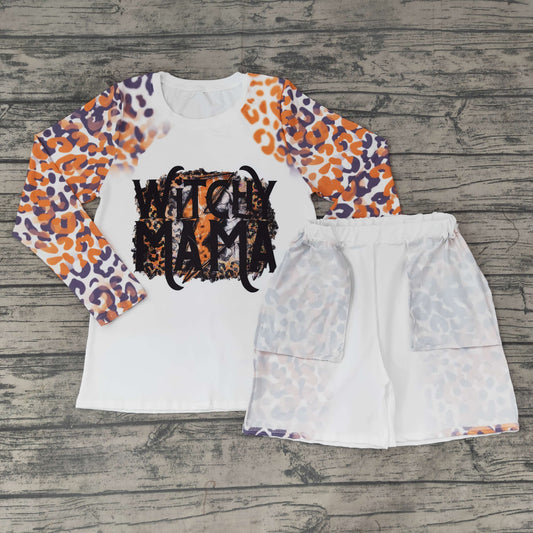 Family Adult GLS0001 Halloween Witch Cartoon Mama Purple Leopard Girls Long Sleeve Shorts Outfits