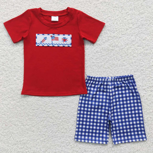 BSSO0176 4th Of July Blue Red Flag Embroidery Boys Short Sleeve Shorts Outfits