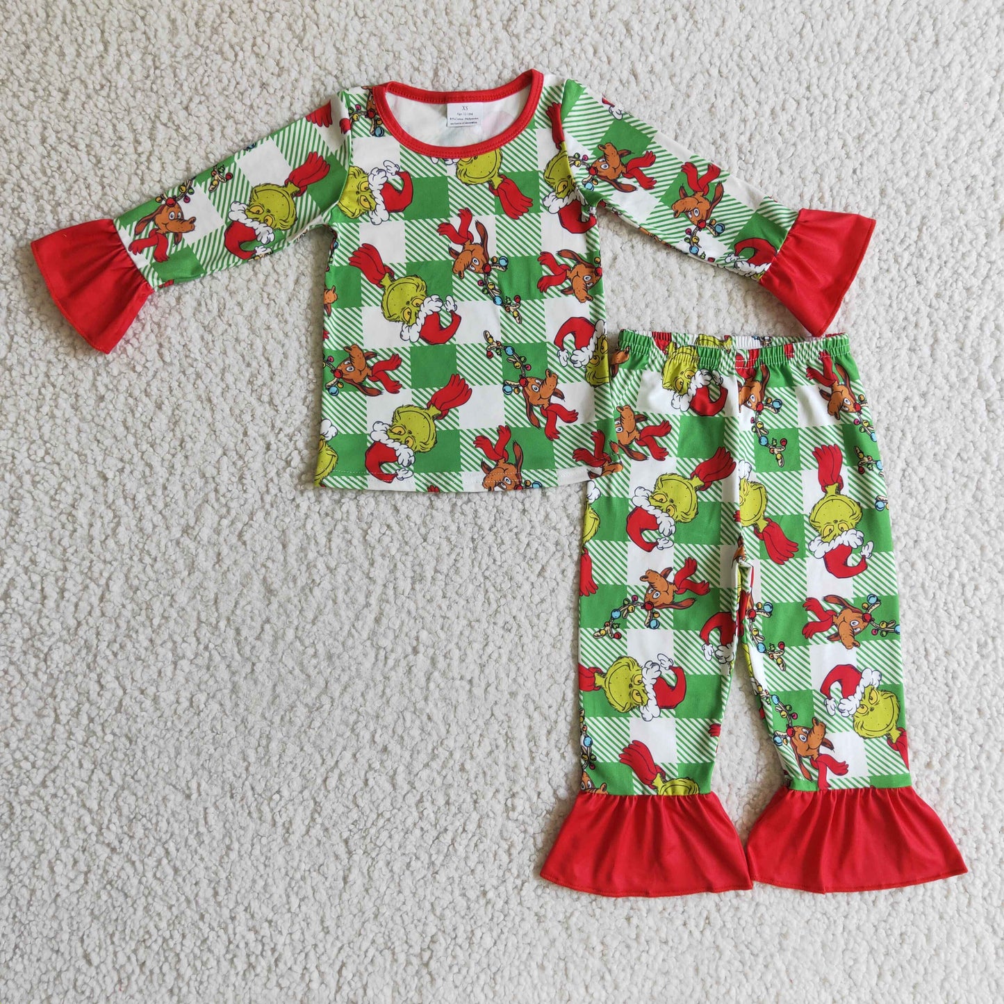 GLP0295 Christmas Dog Red Green Cartoon Plaid Girls Long Sleeve Pants Outfits Pajamas