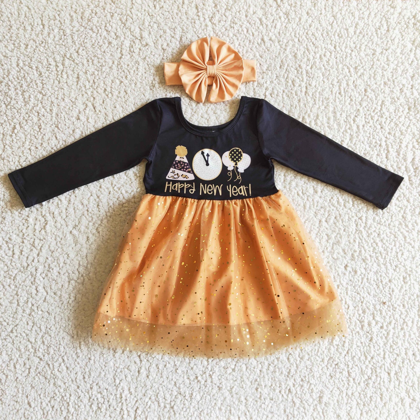 GLD0138 Happy New Year Black Yellow Balloon Clock Hat 3Pcs With Heaband Bow Tulle Tutu Girls Long Sleeve Dresses