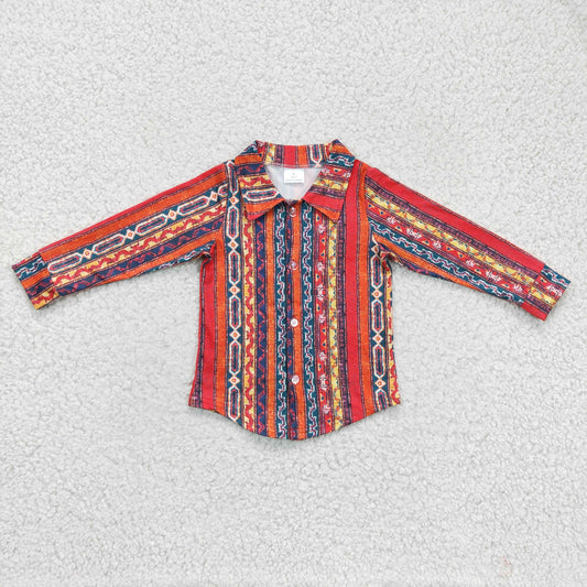 promotion BT0131 Red Western Print Boys Long Sleeve Top Collar T-Shirts