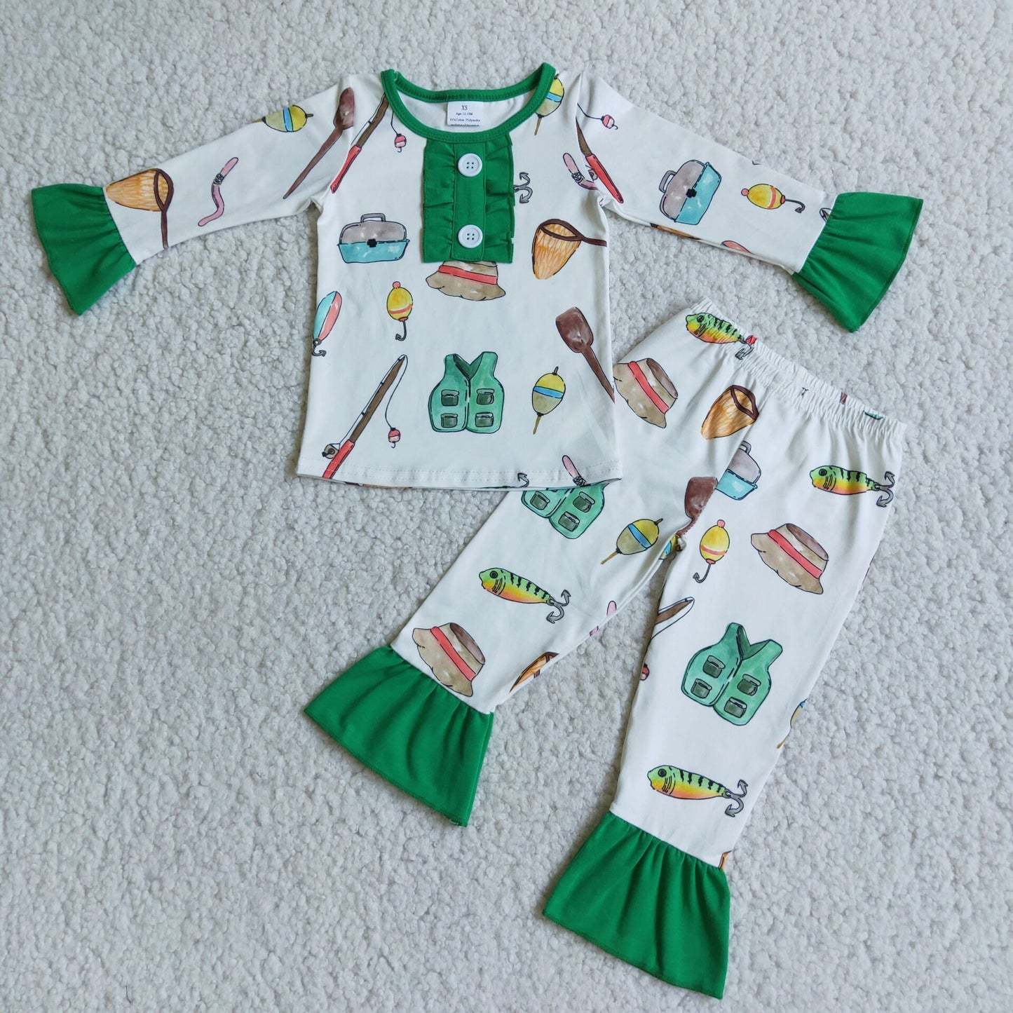 Clearance 6 A3-11 Fishing Green Print Girls Long Sleeve Pajamas