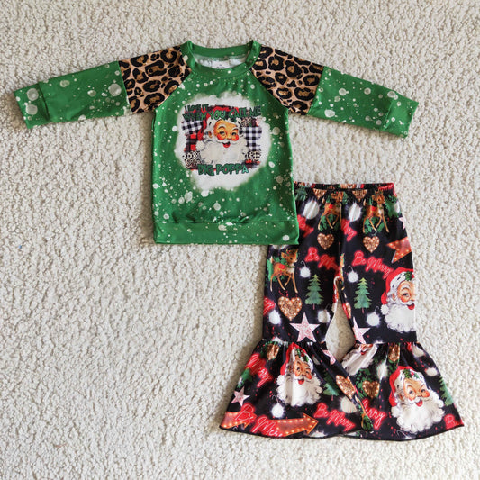 GLP0321 Christmas Santa Green Red Tree Leopard Girls Long Sleeve Bell Bottom Pants Outfits