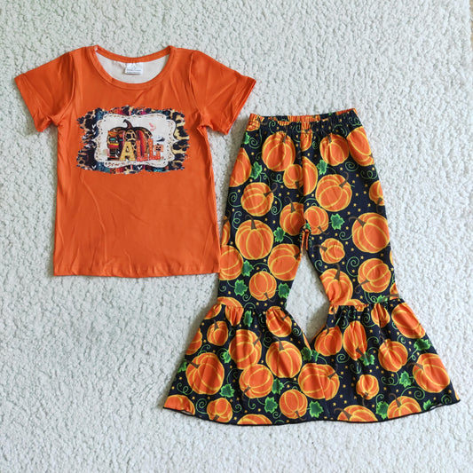 promotion RTS B6-1 Halloween Fall Pumpkin Orange Girls Short Sleeve Bell Bottom Pants Outfits