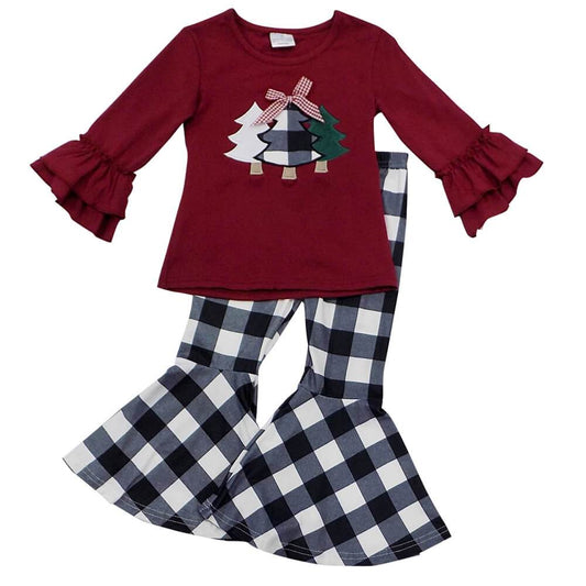 Clearance 6 C6-40 Christmas Tree Embroidery Ruffles Plaid Girls Long Sleeve Bell Bottom Pants Outfits
