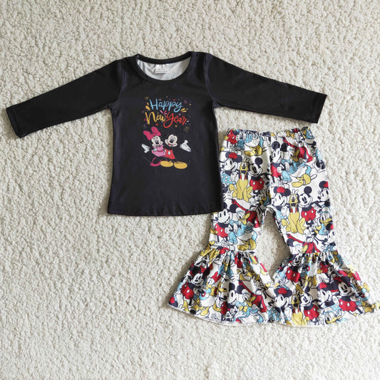 Clearance 6 B1-18 Happy New Year M Cartoon Black Girls Long Sleeve Bell Bottom Pants Outfits