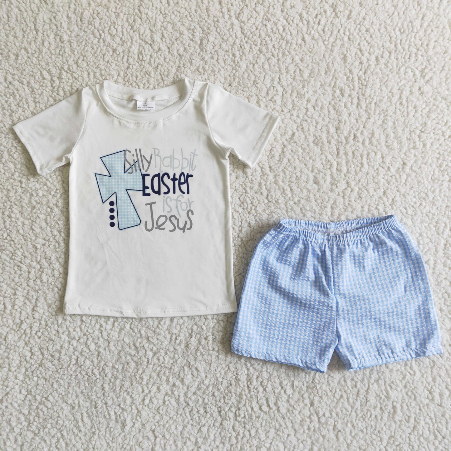 promotion RTS C4-3 Easter Cross Jesus Blue Plaid Boys Short Sleeve Shorts Outfits