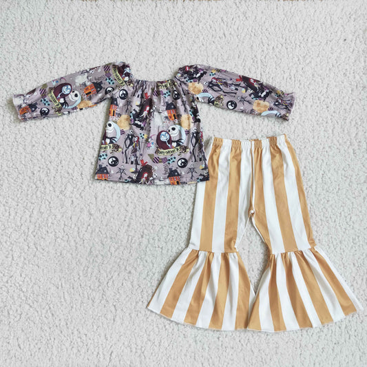 GLP0071 Halloween Yellow Stripes Cartoon Girls Long Sleeve Bell Bottom Pants Outfits
