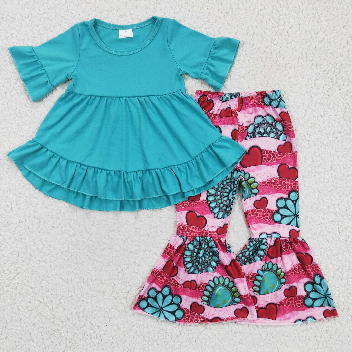 promotion RTS GSPO0237 Valentine Blue Pink Love Western Tunic Girls Short Sleeve Bell Bottom Pants Outfits