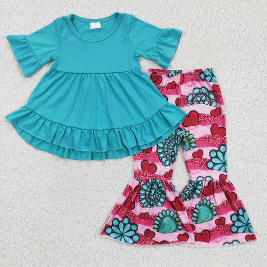 promotion RTS GSPO0237 Valentine Blue Pink Love Western Tunic Girls Short Sleeve Bell Bottom Pants Outfits