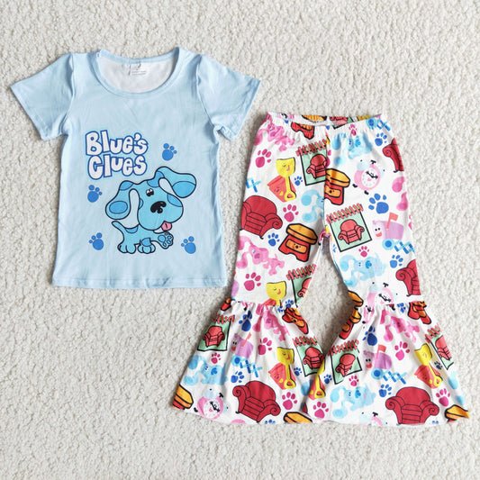 E8-5 Blue Cartoon Dog Girls Short Sleeve Bell Bottom Pants Outfits