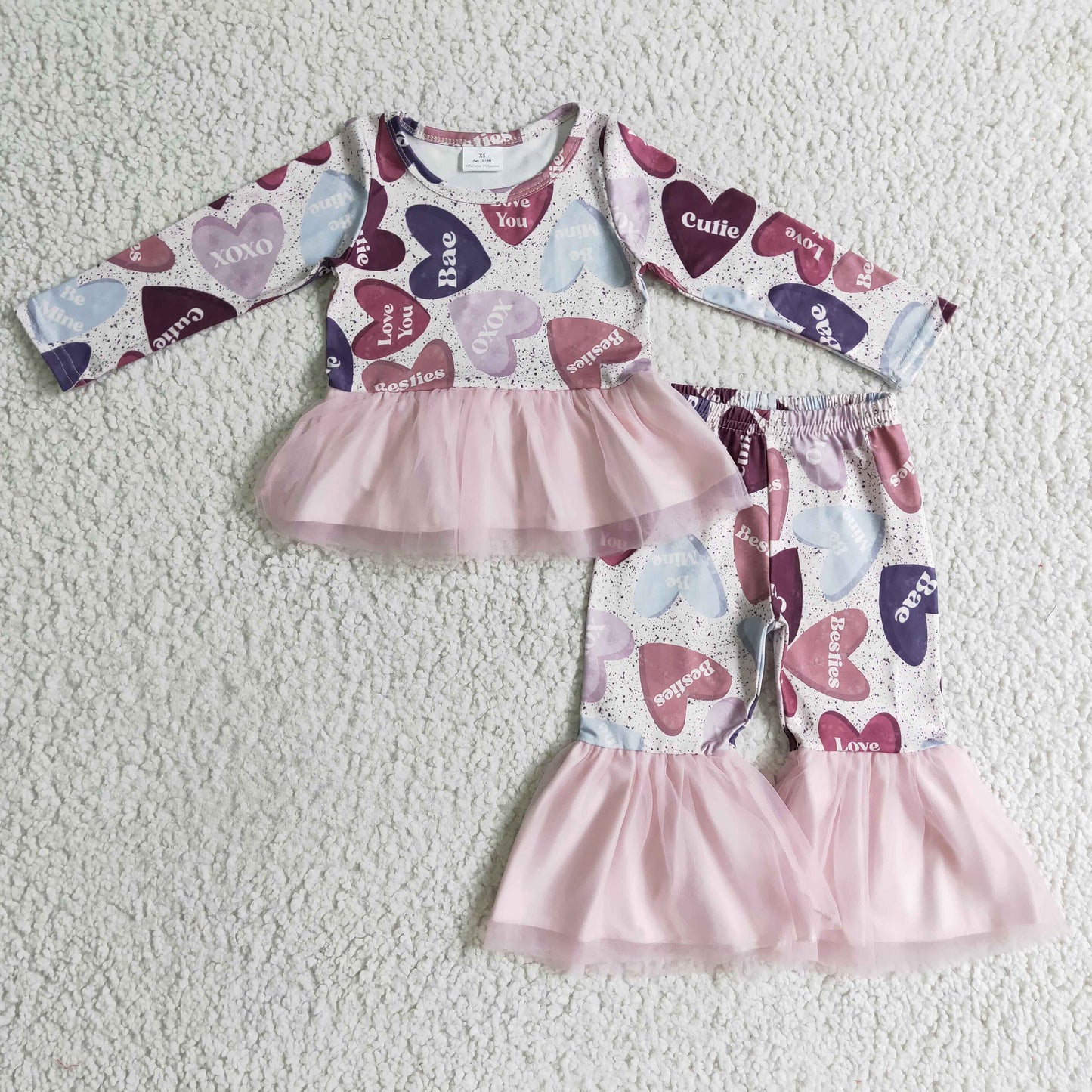 promotion RTS GLP0340 Valentine I Love U Pink Heart Tutu Tulle Girls Long Sleeve Bell Bottom Pants Outfits