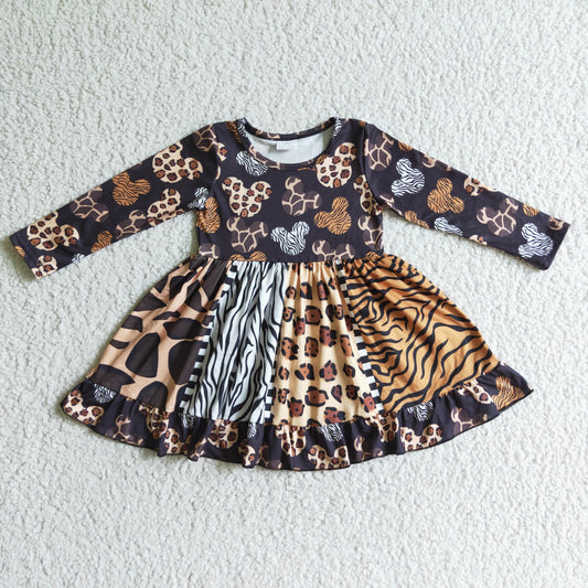 6 B11-37 Leopard Cartoon Patchwork Girls Long Sleeve Dresses