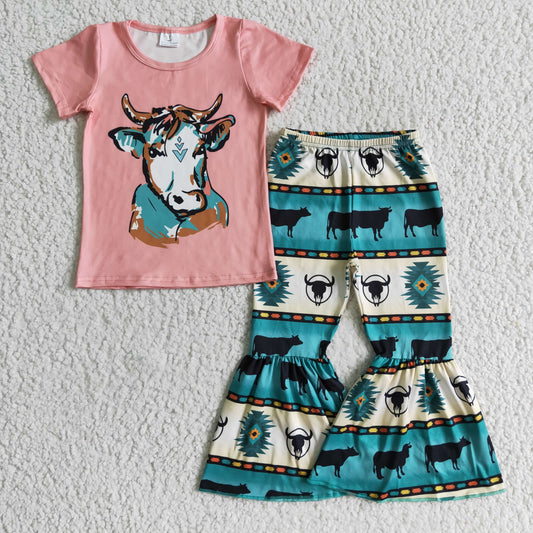 Clearance B12-15 Aztec Style Pink Green Cow Pink Girls Short Sleeve Bell Bottom Pants Outfits