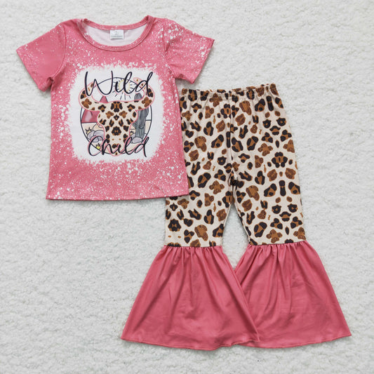 GSPO0254 Pink Bleach Leopard Highland Cow Wild Child Girls Short Sleeve Bell Bottom Pants Outfits