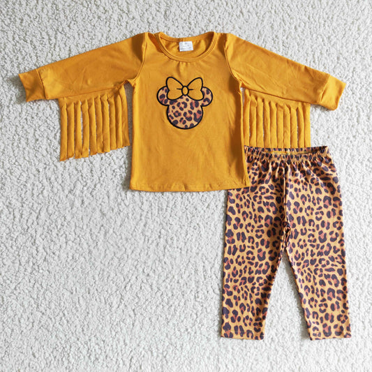 GLP0128 Yellow Leopard Mouse Cartoon Tassel Velvet Girls Long Sleeve Pants Outfits