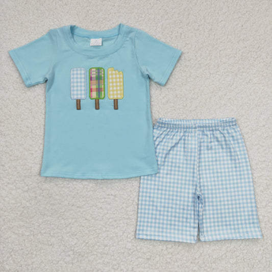 promotion RTS BSSO0129 Ice Blue Plaid Embroidery Boys Short Sleeve Shorts Outfits