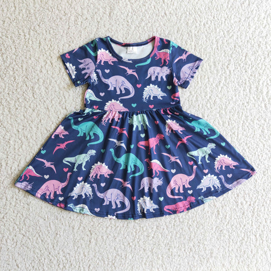 promotion A0-12 RTS Blue Purple Pink Dinosaur Girls Short Sleeve Dresses