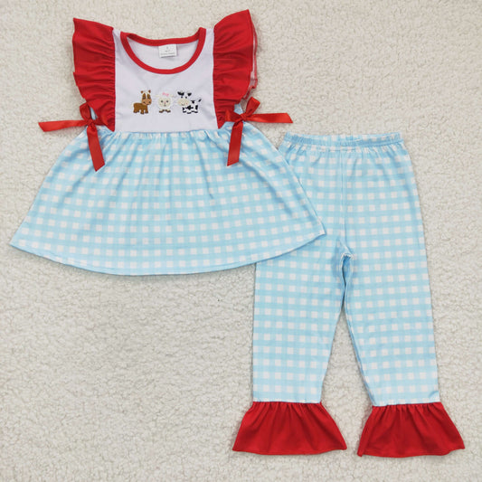 GSPO0381 Red Blue Plaid Horses Sheep Cow Farm Cartoon Embroidery Girls Short Sleeve Bell Bottom Pants Outfits