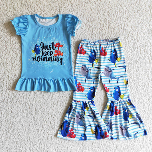 promotion RTS GSPO0147 Just Keep Swimming Blue Fish Cartoon Girls Short Sleeve Bell Bottom Pants Outfits