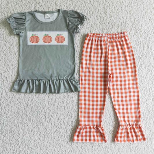 GSPO0175 Halloween Pumpkin Grey Orange Plaid Girls Short Sleeve Pants Outfits
