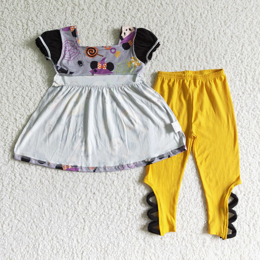 GSPO0157 Halloween Purple Yellow Mouse Cartoon Girls Short Sleeve Pants Outfits