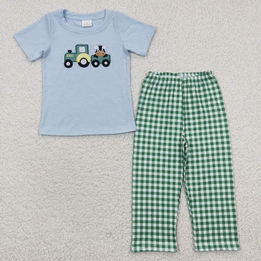 BSPO0089 Blue Green Plaid Farm Life Cow Embroidery Boys Short Sleeve Pants Outfits