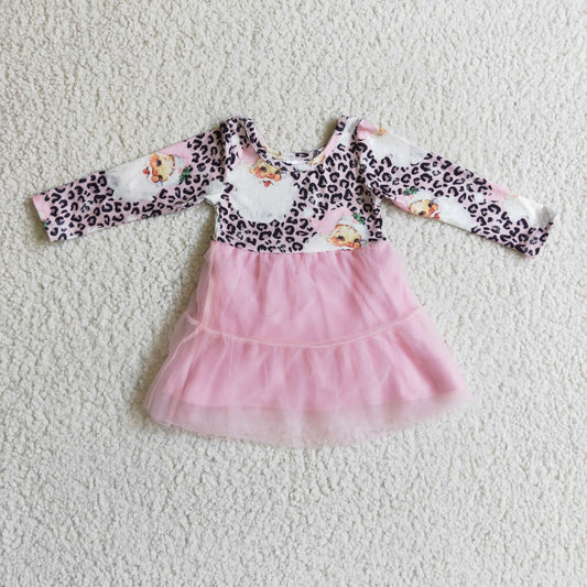 GLD0134 Christmas Santa Pink Leopard Tulle Tutu Girls Long Sleeve Dresses