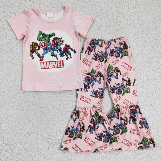 GSPO0308 Pink Super Hero Cartoon Girls Short Sleeve Bell Bottom Pants Outfits