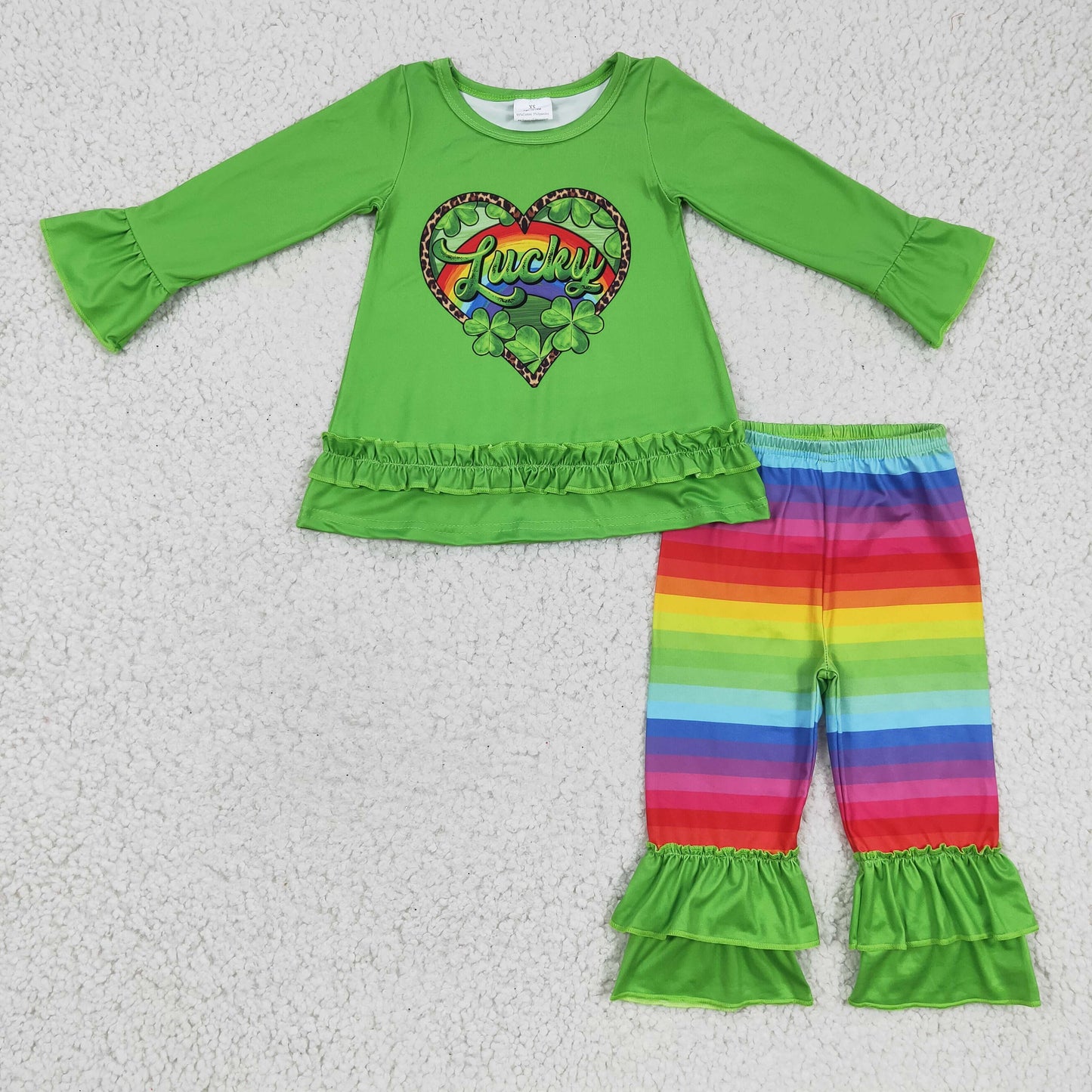GLP0364 St. Patrick Green Clover Lucky Rainbow Leopard Girls Long Sleeve Pants Outfits