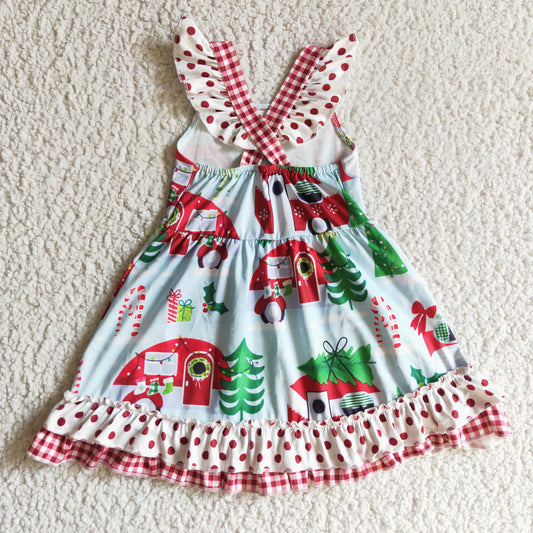 GSD0145 Christmas Red Green Tree Ruffles Girls Short Sleeve Dresses