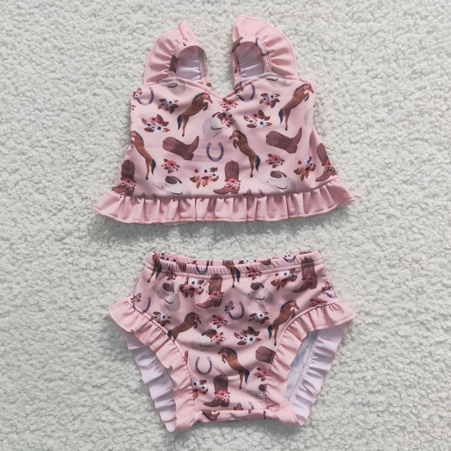 S0107 Western Horse Pink Cow Girls Swimming Bathing Suits Swimsuits