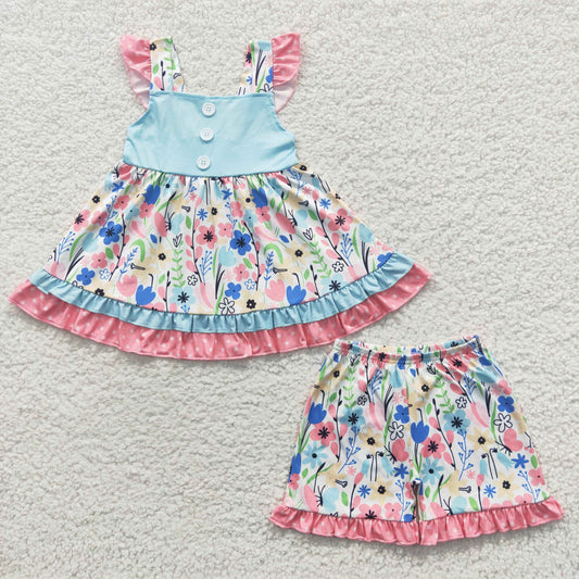 GSSO0243  Pink Blue Floral Girls Short Sleeve Shorts Outfits