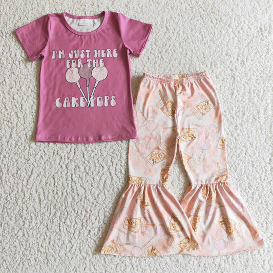 GSPO0198 I'm Just Here For The Cake Pops Pink Girls Short Sleeve Bell Bottom Pants Outfits