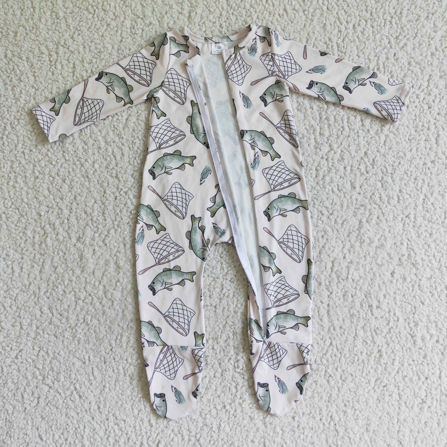 LR0100 Fish Fishing Zipper Girls Long Sleeve Romper