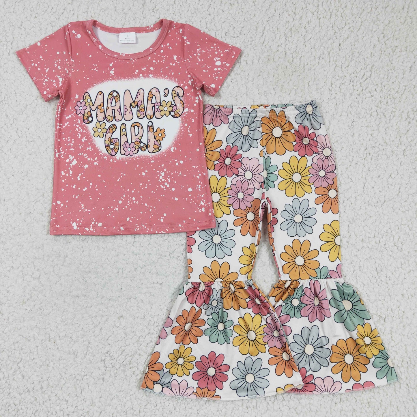 GSPO0317 Pink Mama Girl Floral Girls Short Sleeve Bell Bottom Pants Outfits