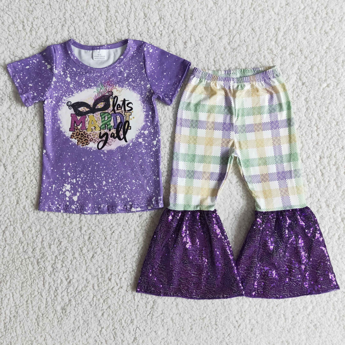 E5-17 Sequin Purple Bleach Mardi Gras Girls Short Sleeve Bell Bottom Pants Outfits