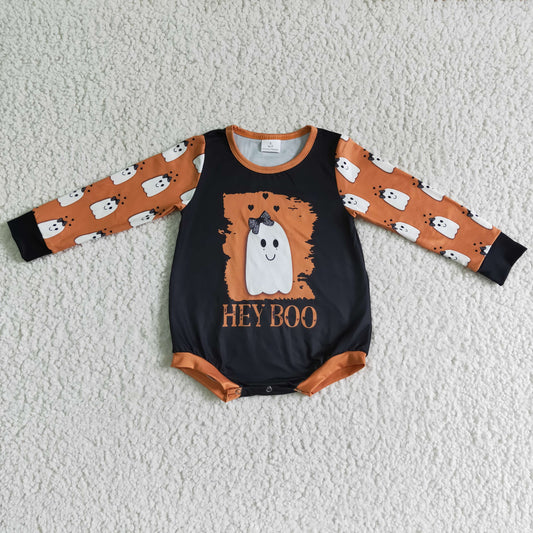 LR0136 Halloween Orange Black Ghost Cartoon Girls Long Sleeve Romper
