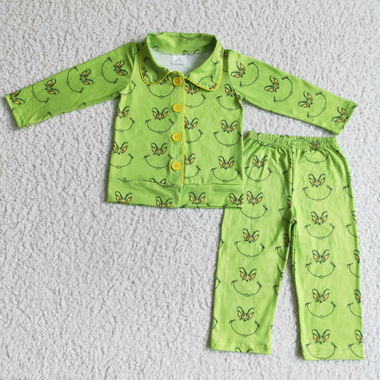 6 B8-38 Christmas Green Cartoon Boys Long Sleeve Pajamas