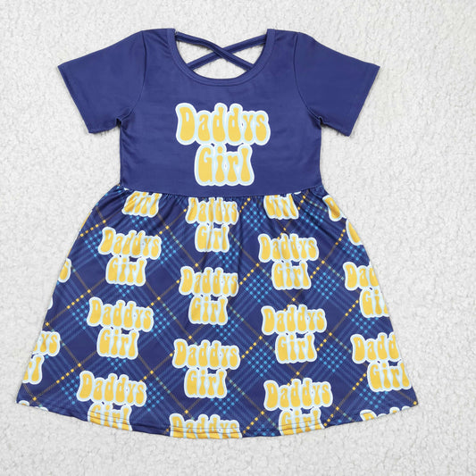 promotion GSD0196 Blue Yellow Daddys Girl Girls Short Sleeve Dresses