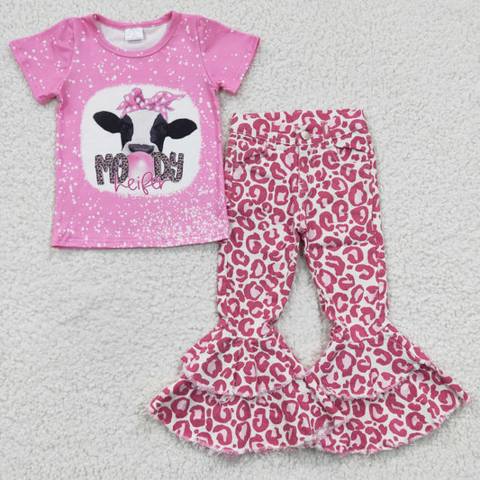 GLPO444 2Pcs GT0128 Pink Moody Heifer Cow  Top + Pink Leopard Denim Girls Long Sleeve Pants Outfits