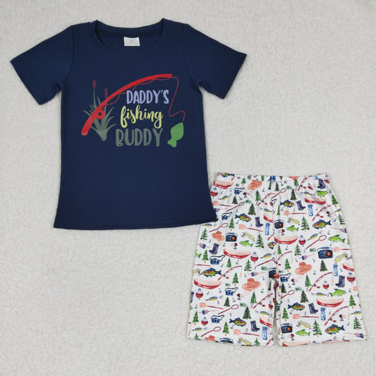 BSSO0152 Blue Daddy's Fishing Buddy Boys Short Sleeve Shorts Outfits